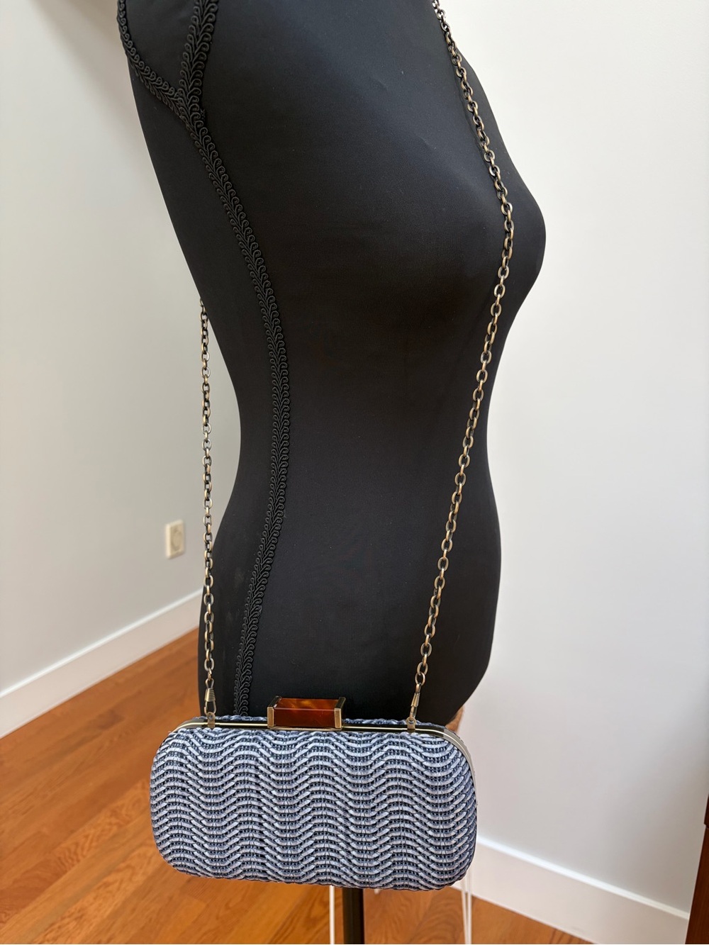 Woven blue and gray Chain Strap Clutch